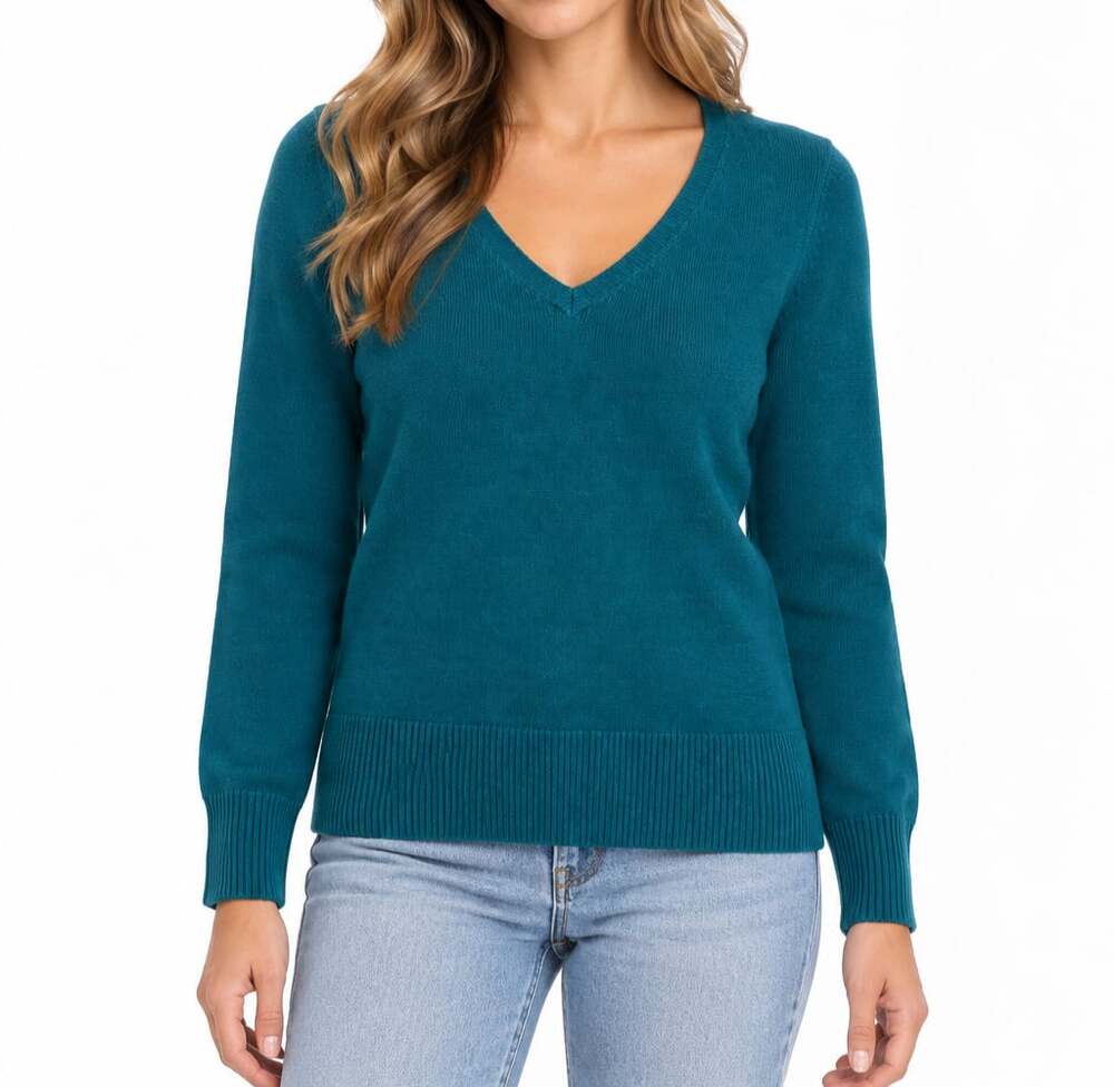 RQT Women's Teal V-Neck Long Sleeve Knit Pullover Sweater